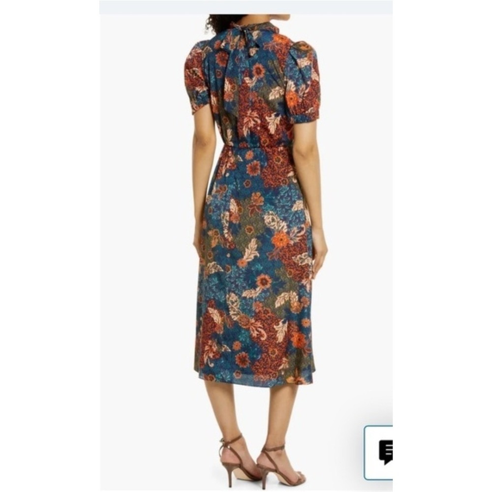 Julia Jordan Women's Navy‎ Fall Floral Puff Sleeve Midi Dress Tie Neck Sz 14 - Picture 2 of 14